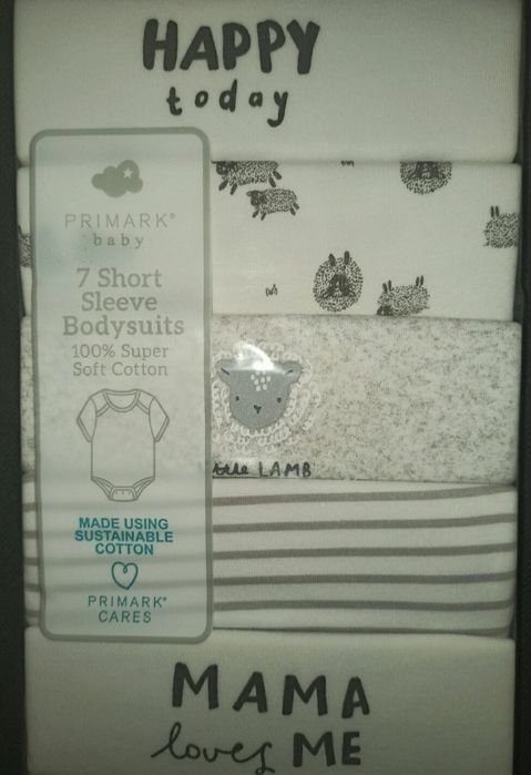 Nowy 7pak body Primark na krótki rękaw unisex 74cm. Motyw owieczki.