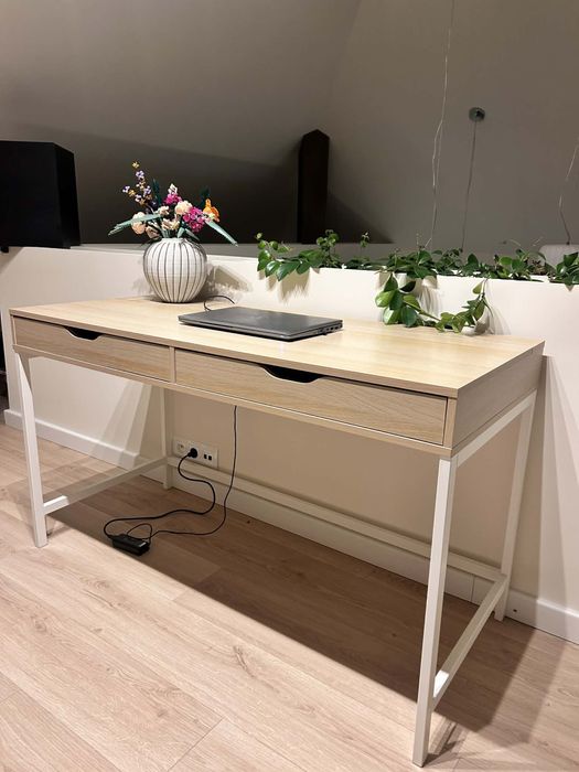 Biurko, biała bejca/imit. dębu, 100x48 cm