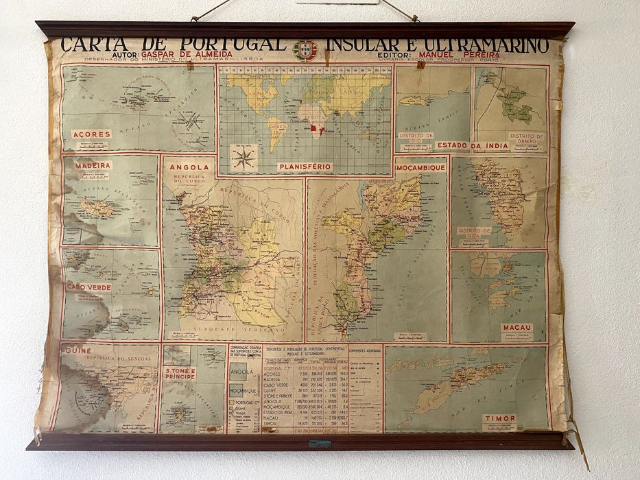 Mapa vintage de Portugal insular e ultramarino de 1962 - raro