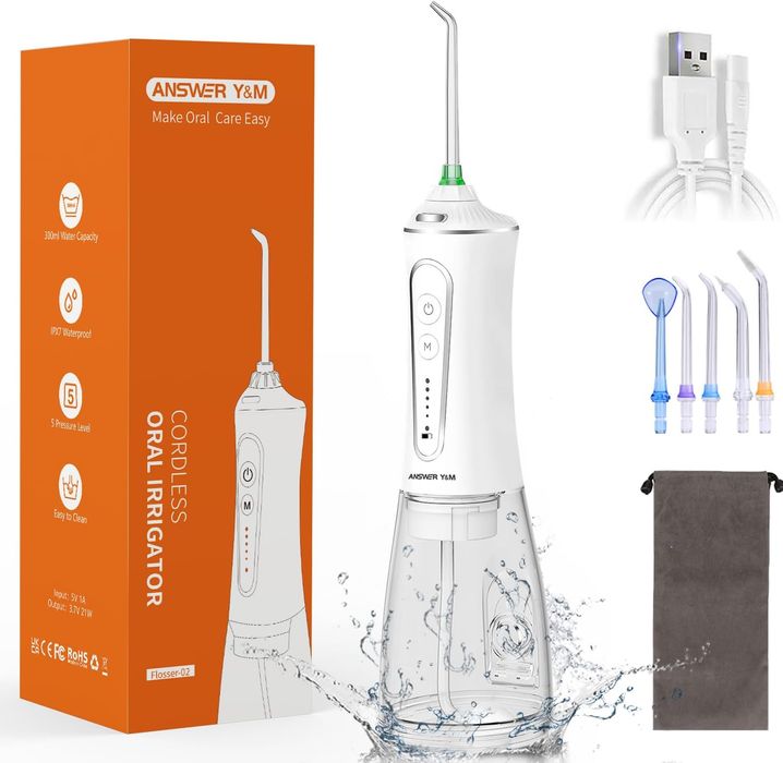 Bezprzewodowy irygator stomatologiczny 300 ml, IPX7, 5 trybów