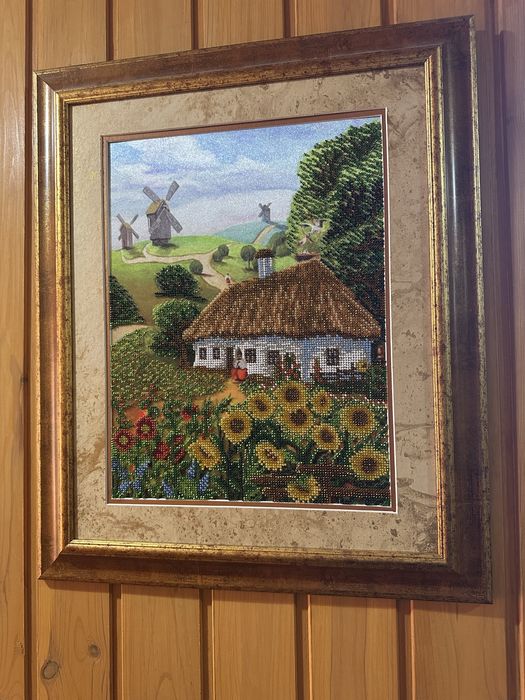 Картина  Украинское село вышитая бисером