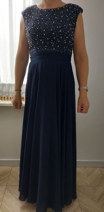 Piękna granatowa sukienka maxi długa elegancka perełki stan idelany 38