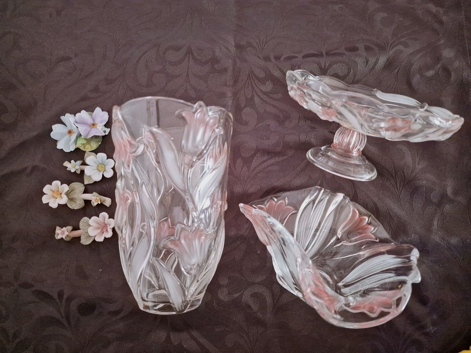 Conjunto Vintage de Cristal Mikasa Germany centro de mesa Tulipas Rosa