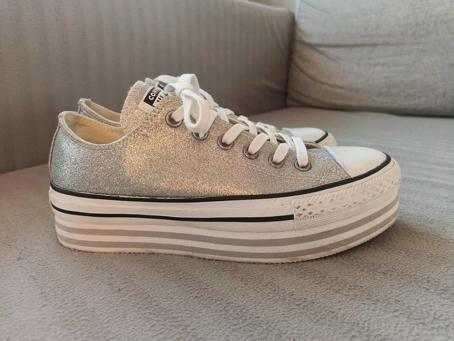 Srebrne buty, converse na platformie, brokatowe trampki, 39, 24,5cm