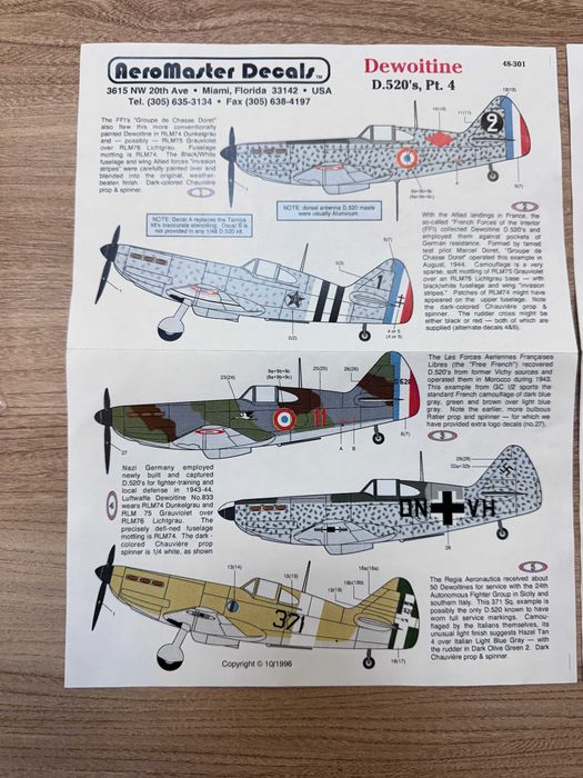 Aero Master Decals nr 48-301, Dewotine D.520 kalkomanie