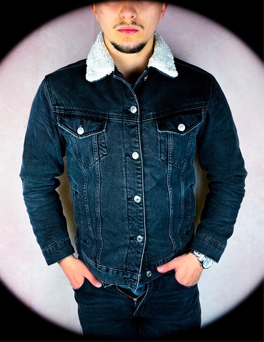 Czarna Męska Denim Dżinsowa Kurtka Jeansowa z Owczej Wełny na Guziki