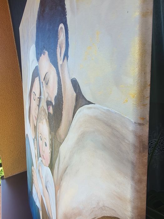 Duży ręcznie malowany obraz Świętej Rodziny, 80x100 cm, obraz na płótnie, prezent na ślub