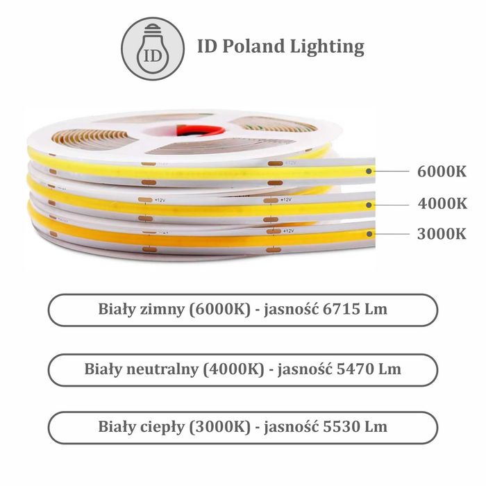 Taśma LED COB 3000K 5m rolka 320 diod/m 12V  IP20