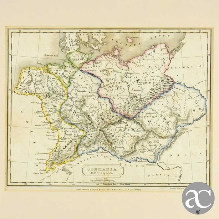 Gravura colorida “Germania Antiqua” do ano de 1821 com moldura