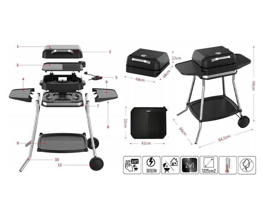 Grill Elektryczny Zilan 6w1 3050W XXL Pokrywa Termometr Półki