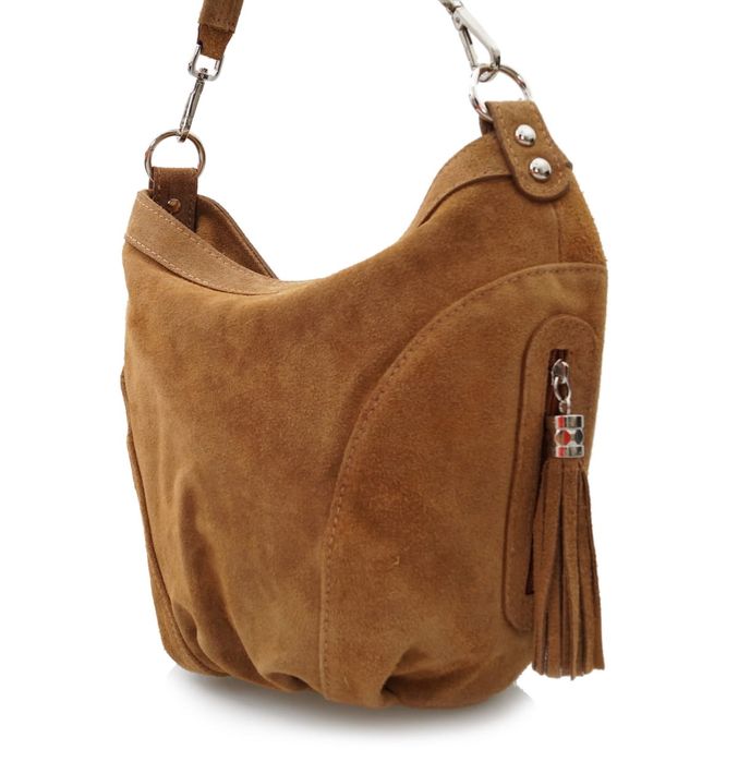 VERA PELLE torebka damska zamszowa worek z frędzelkami V322 bordowa