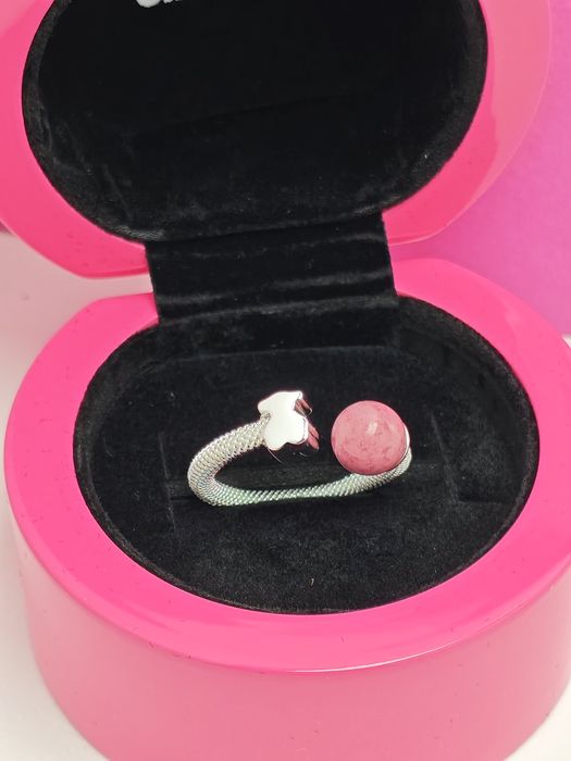 Pierścionek 16 z misiem srebro 925 z różowym rodonitem