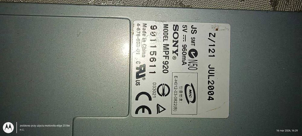 Wewnętrzny napęd dyskietek PATA SONY MPF920 CZARNY - z przewodem