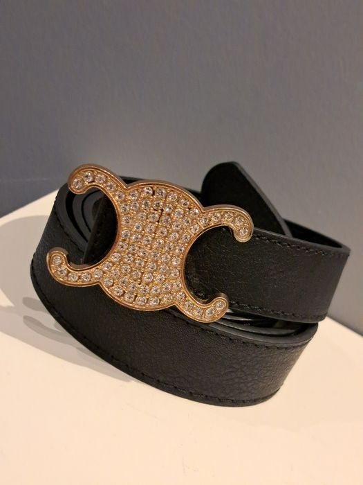 2 CELINE damski czarny pasek złota klamra cyrkonie 110 cm nowy
