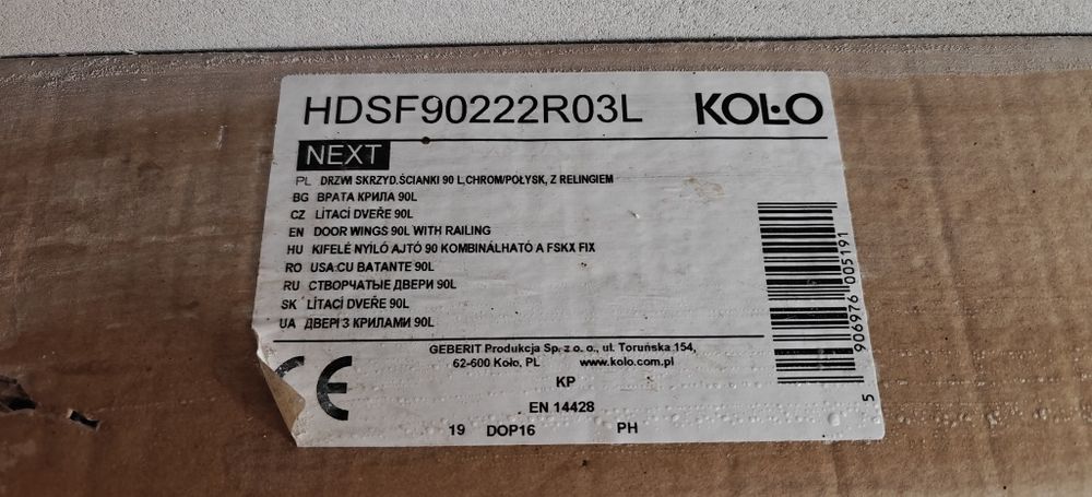 Drzwi prysznicowe lewe 90 cm z relingiem Geberit Koło HDSF90222R03L