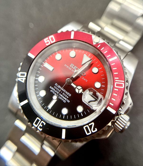 Customowy zegarek automatyczny „Seiko mod - Submariner Czerwono-czarny