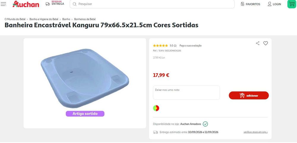 Banheira encastrável para bebé até 1 ano