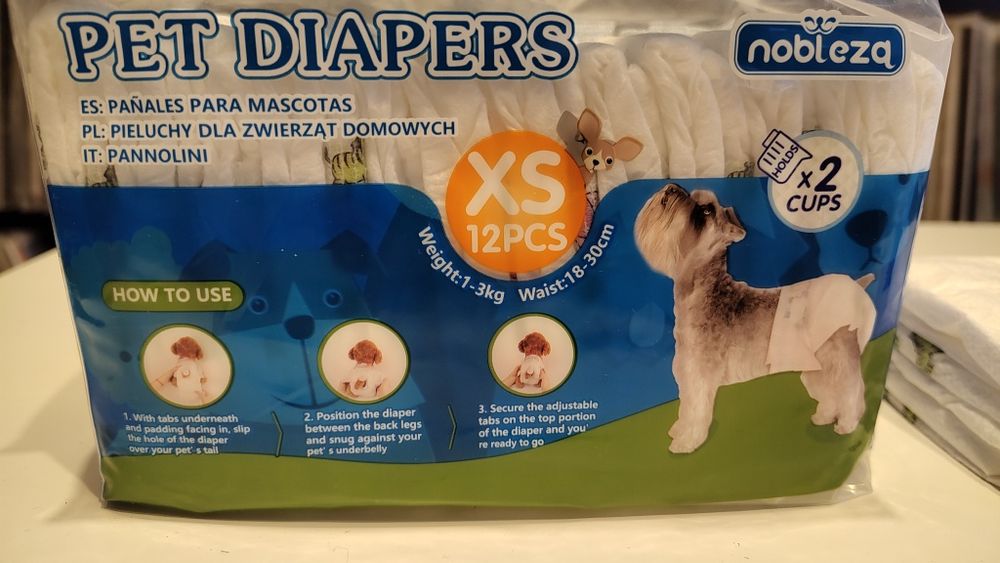 Pampersy Pieluchy dla psa kota XS 1-2kg 18-28cm 14szt. 32x27cm+podkład