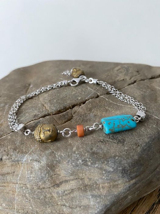 Bransoletka z Buddą: Hematyt, Koral i Howlit Niebieski