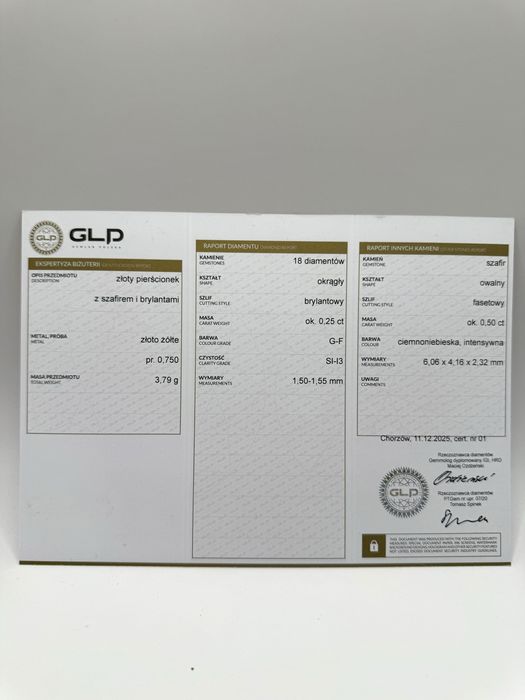 Złoty pierścionek 750 z szafirem 0,50ct i diamentami 0,25ct