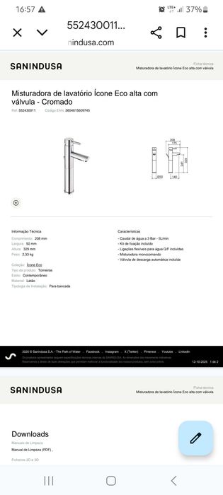 Misturadora de lavatório Ícone Eco alta com válvula Sanindusa NOVA