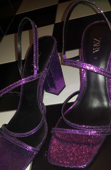 Nowe fioletowe błyszczące brokatowe szpilki obcasy Zara rozm. 41