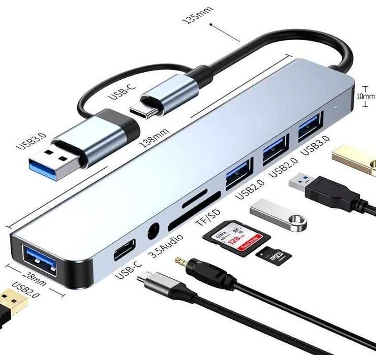 Адаптер Хаб концентратор type C USB 3.0 8в1 macbook аудио Jack 3.5