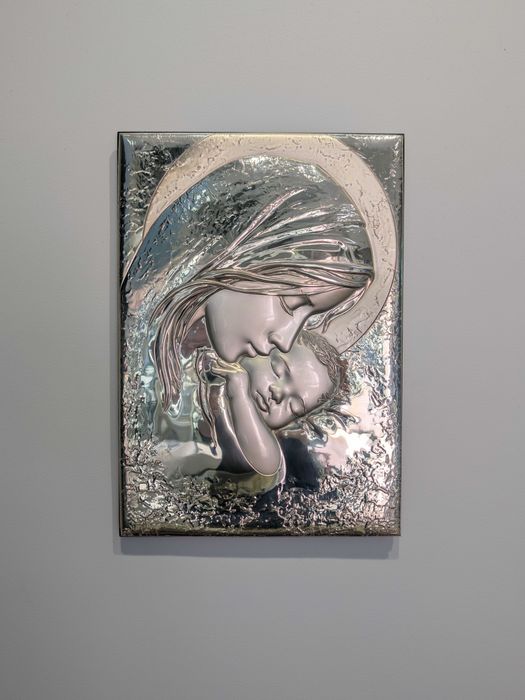 Quadro religioso em prata bilaminada Virgem com Menino Jesus