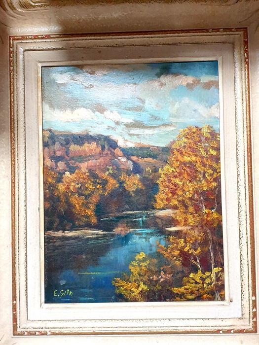 Antiga pintura fluvial em outono - assinada E. Grin