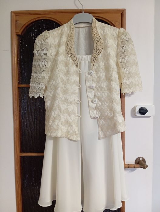 Elegancki komplet ecru żakiet + spódnica ślub, chrzciny,komunia lub wy