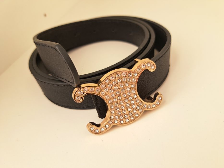 CELINE złoty pasek damski kryształki czarny nowy