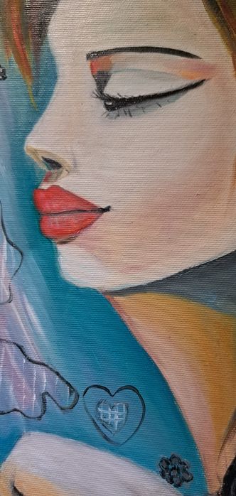 Pintura a óleo de Fernanda Romano. "A Sra. e o Gato"