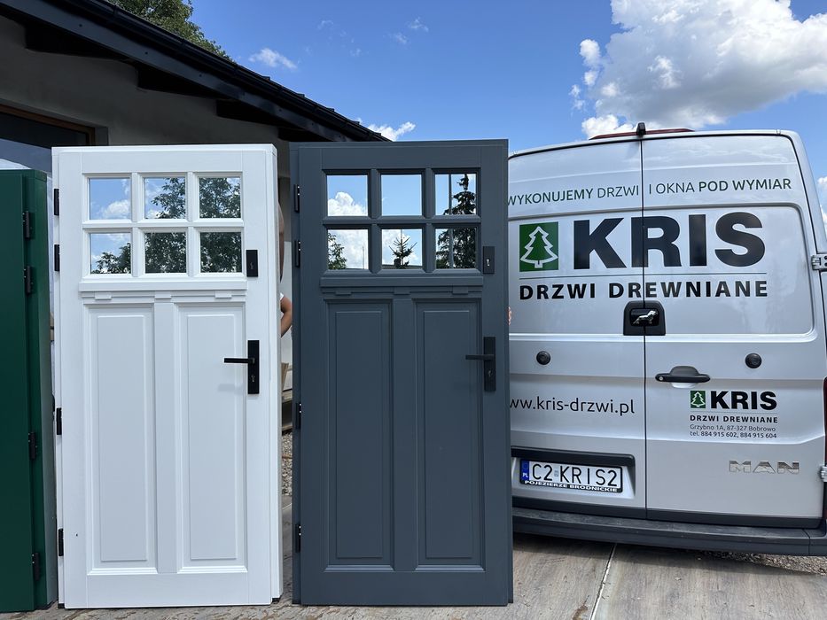 Drzwi zewnętrzne drewniane OD RĘKI Białe Antracyt PRAWE Cała Polska