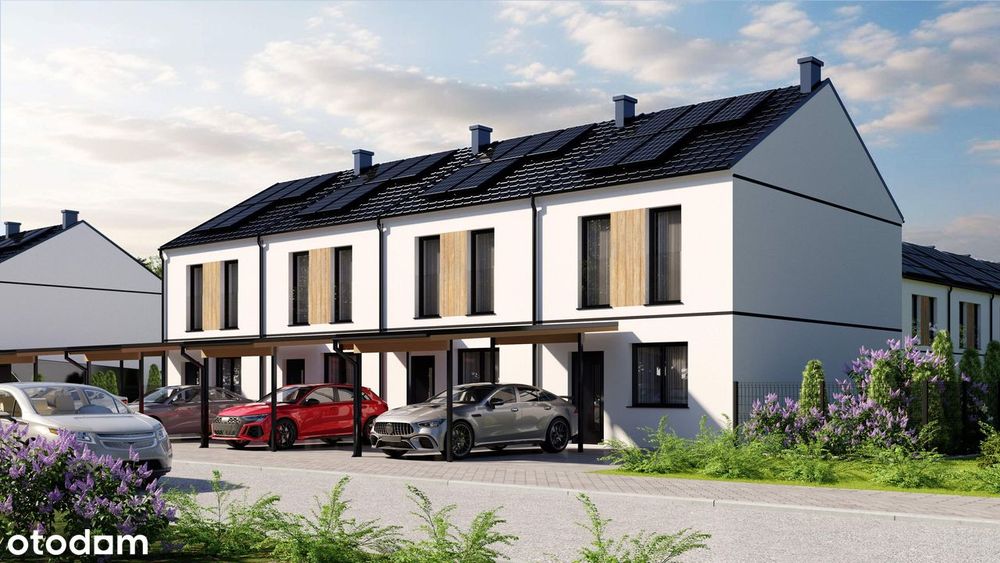 Nowy dom szeregowy z garażem i wiatą, fotowoltaiką, skrajna działka.