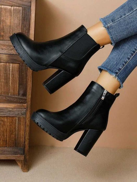 Czarne Botki Obcas Słupek Platformy Zip Eleganckie Modne Klasyczne 39