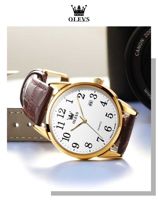 Klasyczny zegarek kwarcowy Olevs 39mm złoty biała tarcza pasek brązowy
