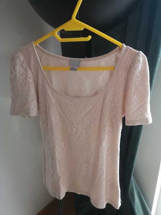 H&M bluzka jasny róż koronka r. S