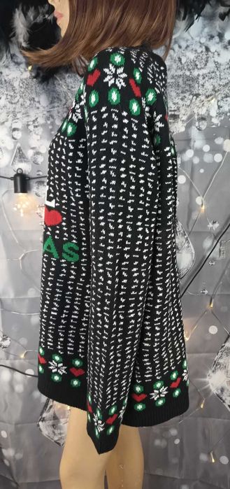 Sweter damski ciepły świąteczny czarny we wzory, Nille XL