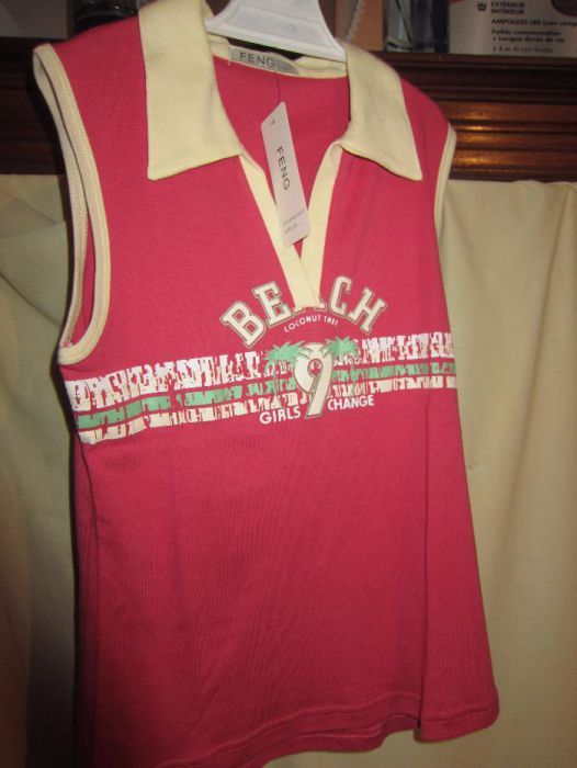 Pólo de Senhora de Verão Rosa Escuro e Gola Amarela Feng Tam L/XL NOVO