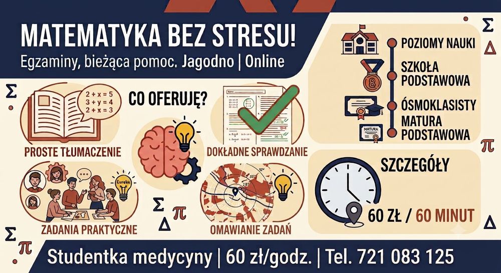 Matematyka bez stresu! Egzaminy i bieżąca pomoc – Jagodno/Online