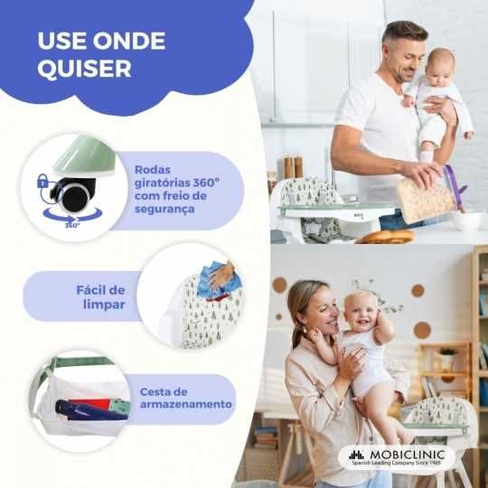 Cadeira alta 2 em 1, 360º, 2 alturas ajustáveis, Máx 35kg, Bandeja e armazenamento, Branco verde