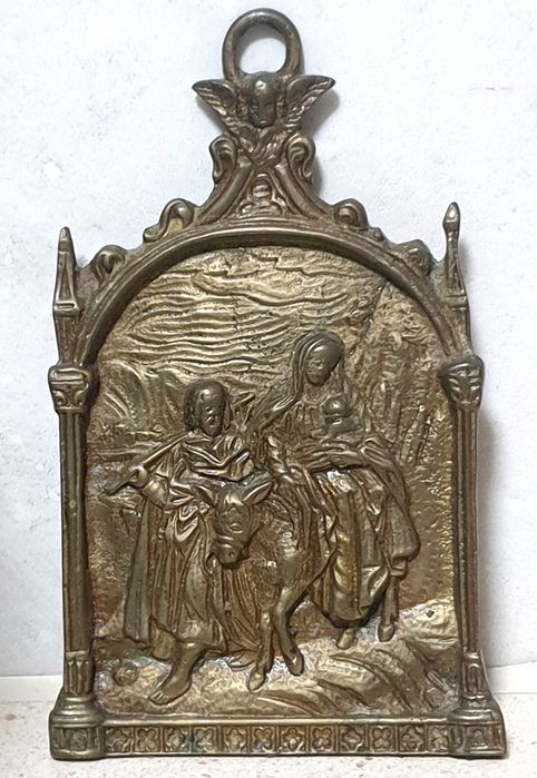 Antiga placa religiosa " A viagem para Jerusalém" em bronze