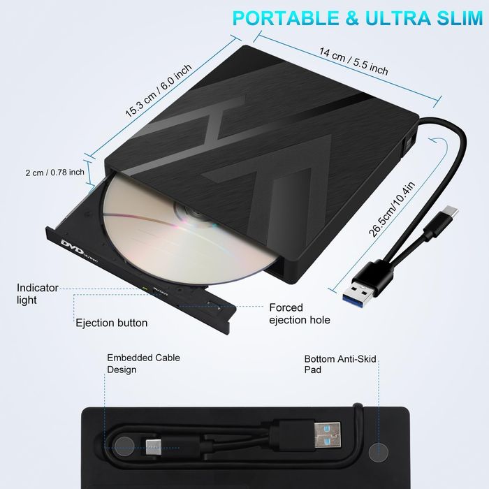 Zewnętrzny napęd CD DVD USB 3.0 typu C, z czytnikiem kart SD/TF,