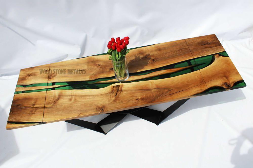 Stół dębowy noga X metalowa od stolarza pod wymiar żywica rozkładany pod wymiar Epoxy River Table