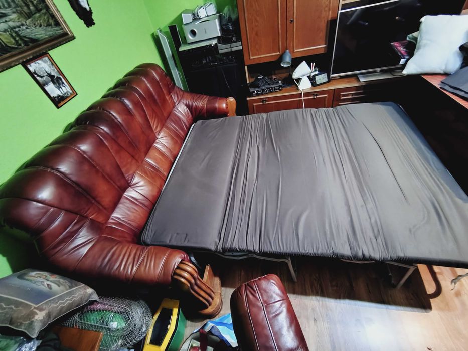 Komplet Dębowo skórzany brązowy drewno skóra sofa wersalka tapczan dąb