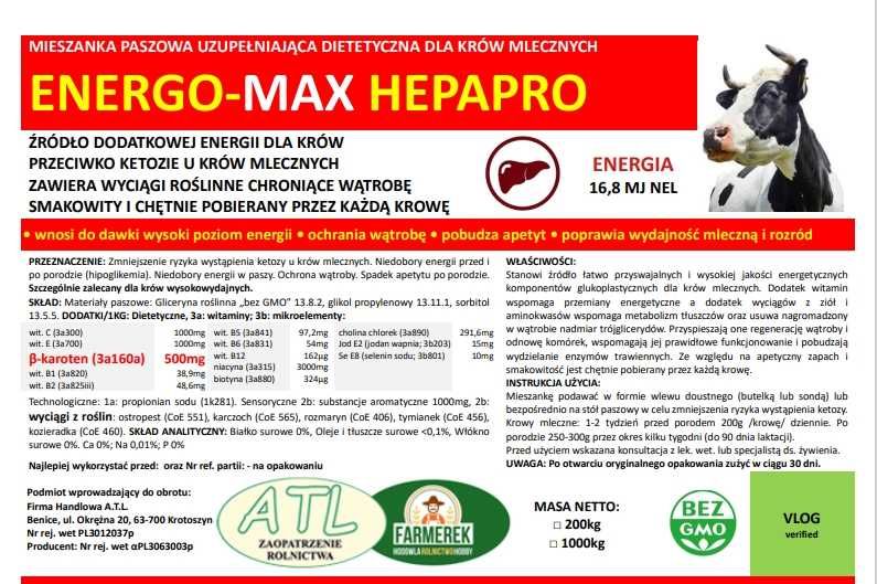 Gliceryna dla krów +b-karoten Mega Energia+ochrona wątroby 16,8MJ