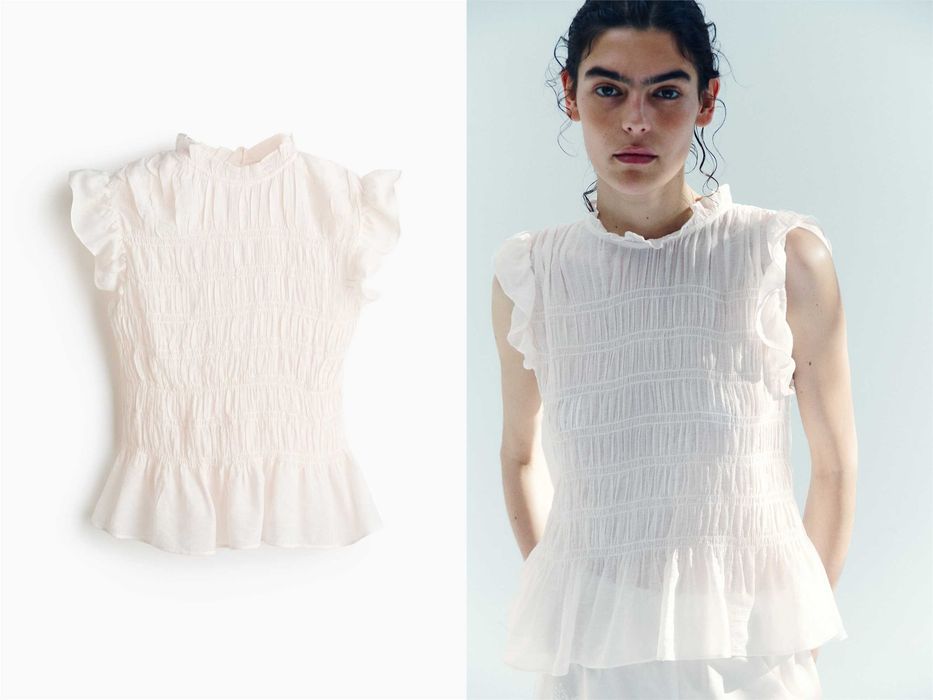 Bluzka S nowa kolekcja Elastycznie marszczony top z baskinką biały PROMOCJA