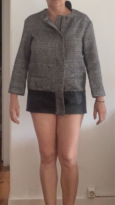 Blazer Casaco Azul mesclado fem. Club Monaco final pele carneiro T36