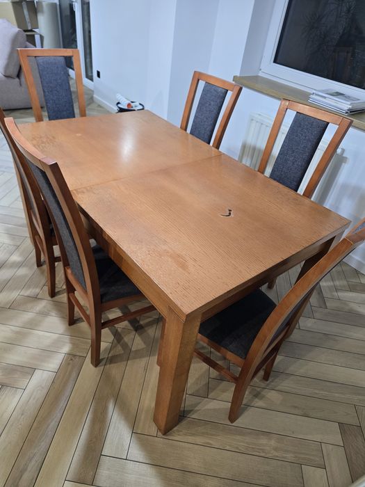Stół z krzesłami 6 szt brązowy szary rozkładany 270x90
