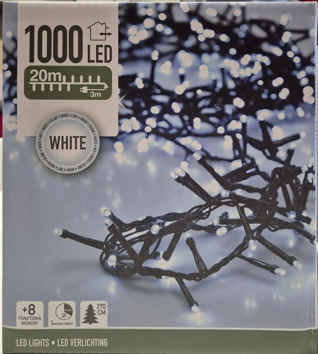 Świąteczne Lampki 1000 Mikro LED – 20 m, Zimny Biały, 8 funkcji świecenia, timer